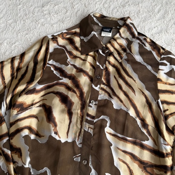 Sharon Young Tiger Zebra Silk Sheer Button Down Blouse Animal Print Brown M - Picture 6 of 14